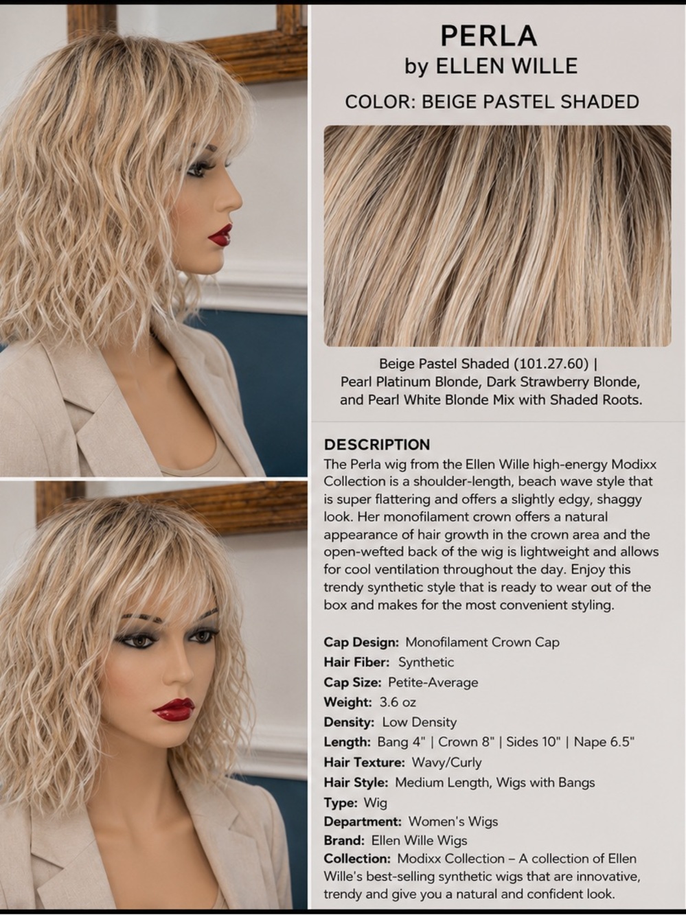 Ellen Wille Perla Short Wavy Shoulder-Length Wig in Beige Pastel Shaded
